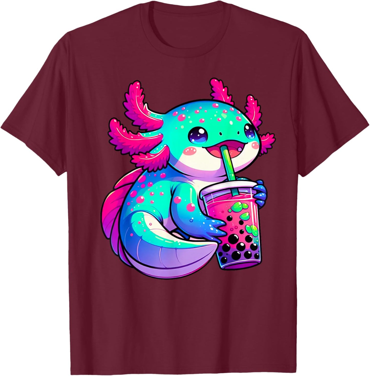 Axolotl Bubble Boba Tea Anime Cute Kawaii Blue Axolotl T-Shirt - T-Shirt | Maroon