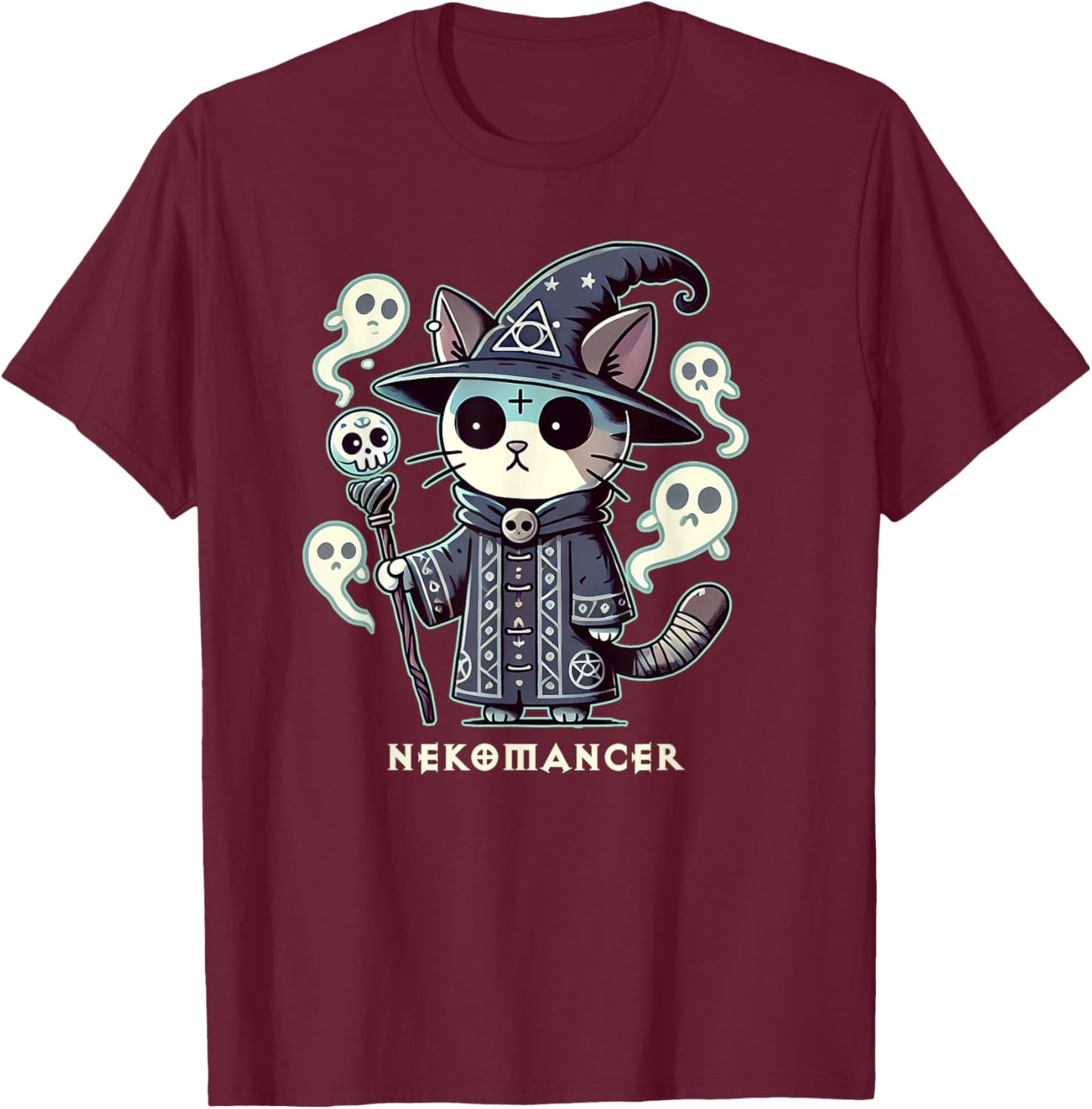 RPG Cat Nekomancer | Neko Cat ARPG Necromancer RPG Gamer LARP D20 - Black, Small, Short Sleeve, -Adults and -Kids T-Shirt - T-Shirt | Maroon