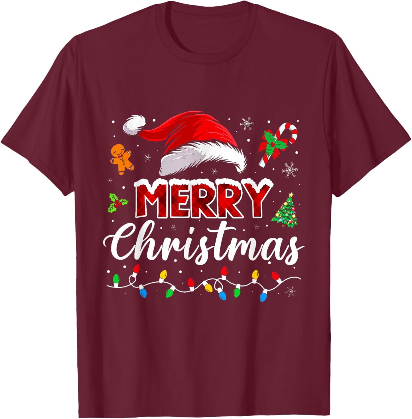 Merry Christmas Lights Santa Hat Xmas Family Matching Pajama T-Shirt - T-Shirt | Maroon