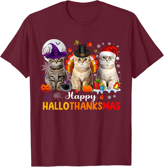 Happy Hallothanksmas Cats Halloween Thanksgiving Christmas T-Shirt - T-Shirt | Maroon