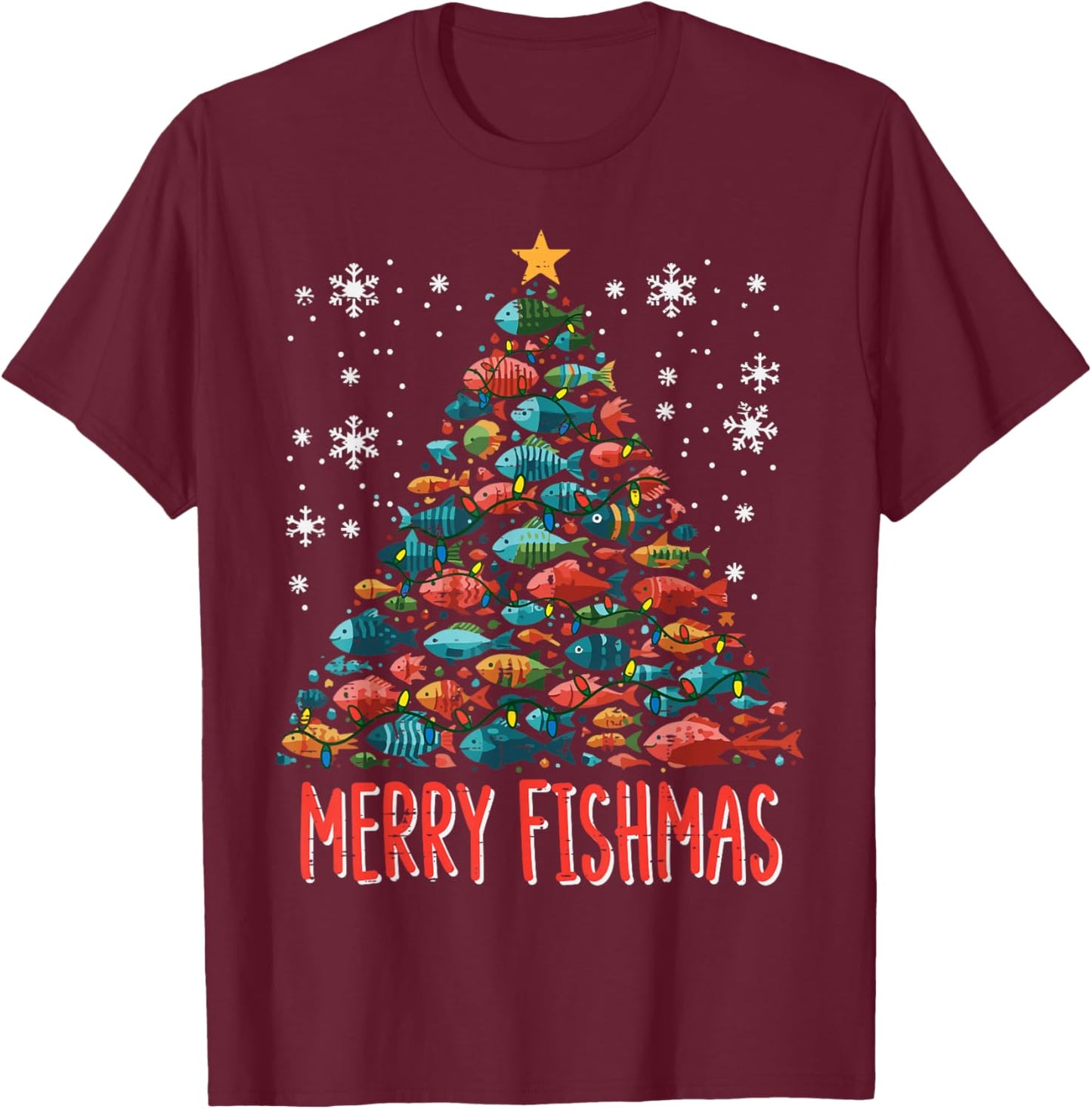 Fish Christmas Tree Merry Fishmas Xmas Boys Kids Men Women T-Shirt - T-Shirt | Maroon