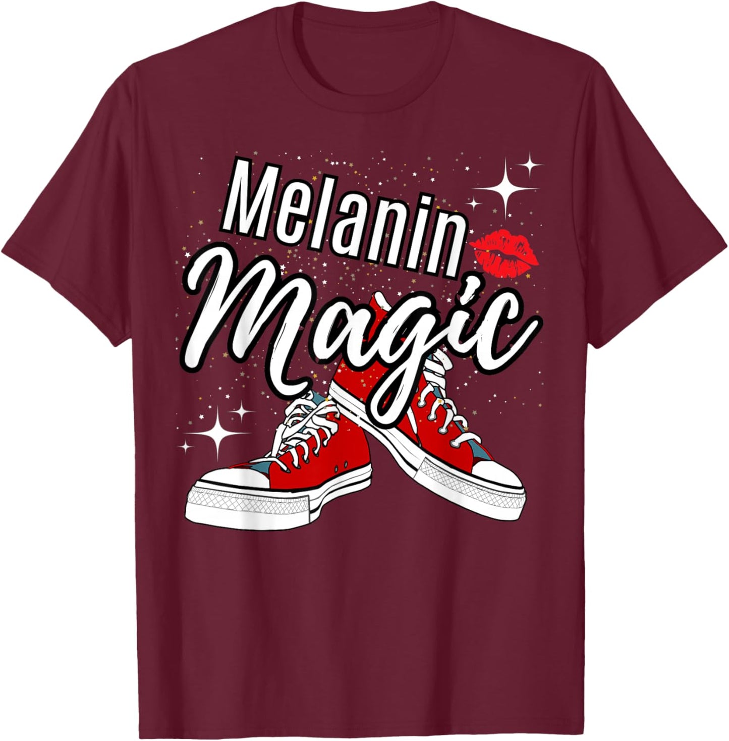Melanin Magic Stars Lips Chucks Red Shoes Black Queen T-Shirt - T-Shirt | Maroon