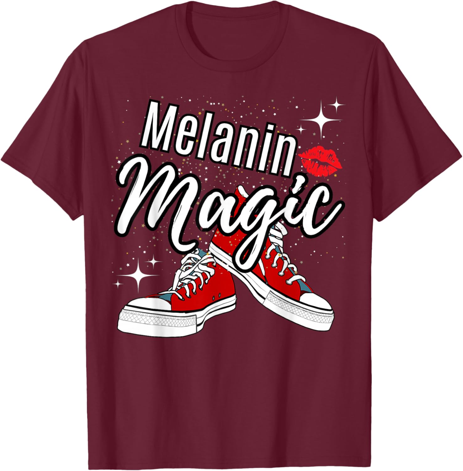 Melanin Magic Stars Lips Chucks Red Shoes Black Queen T-Shirt - T-Shirt | Maroon