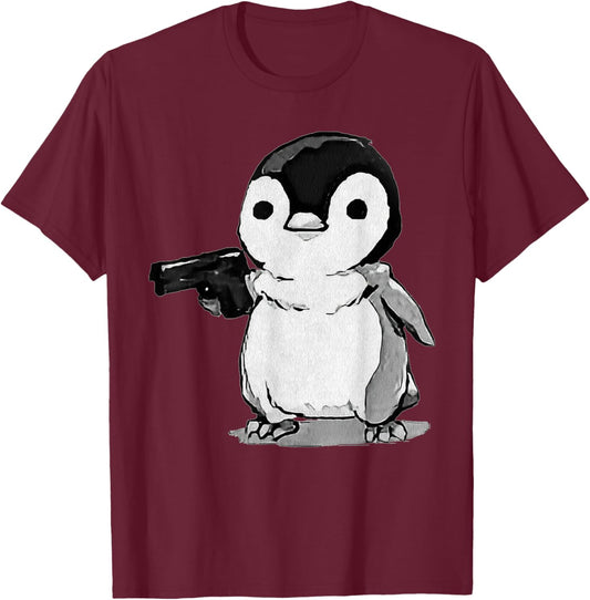 Eagerlys The Little Penguin Holding A Gun Vintage Art T-Shirt - T-Shirt | Maroon