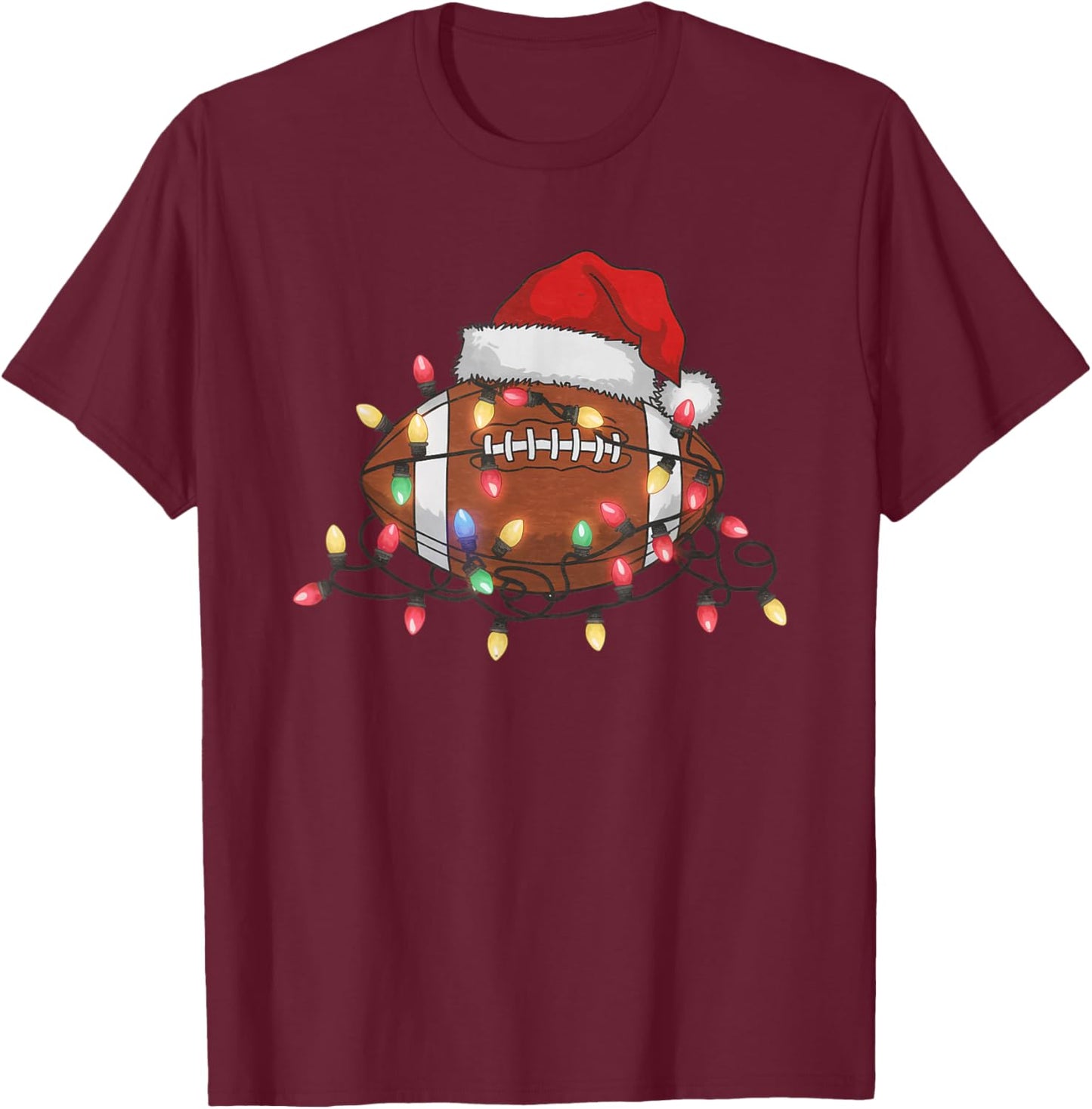 Christmas Football Santa Hat Lights Sports Fan T-Shirt - T-Shirt | Maroon