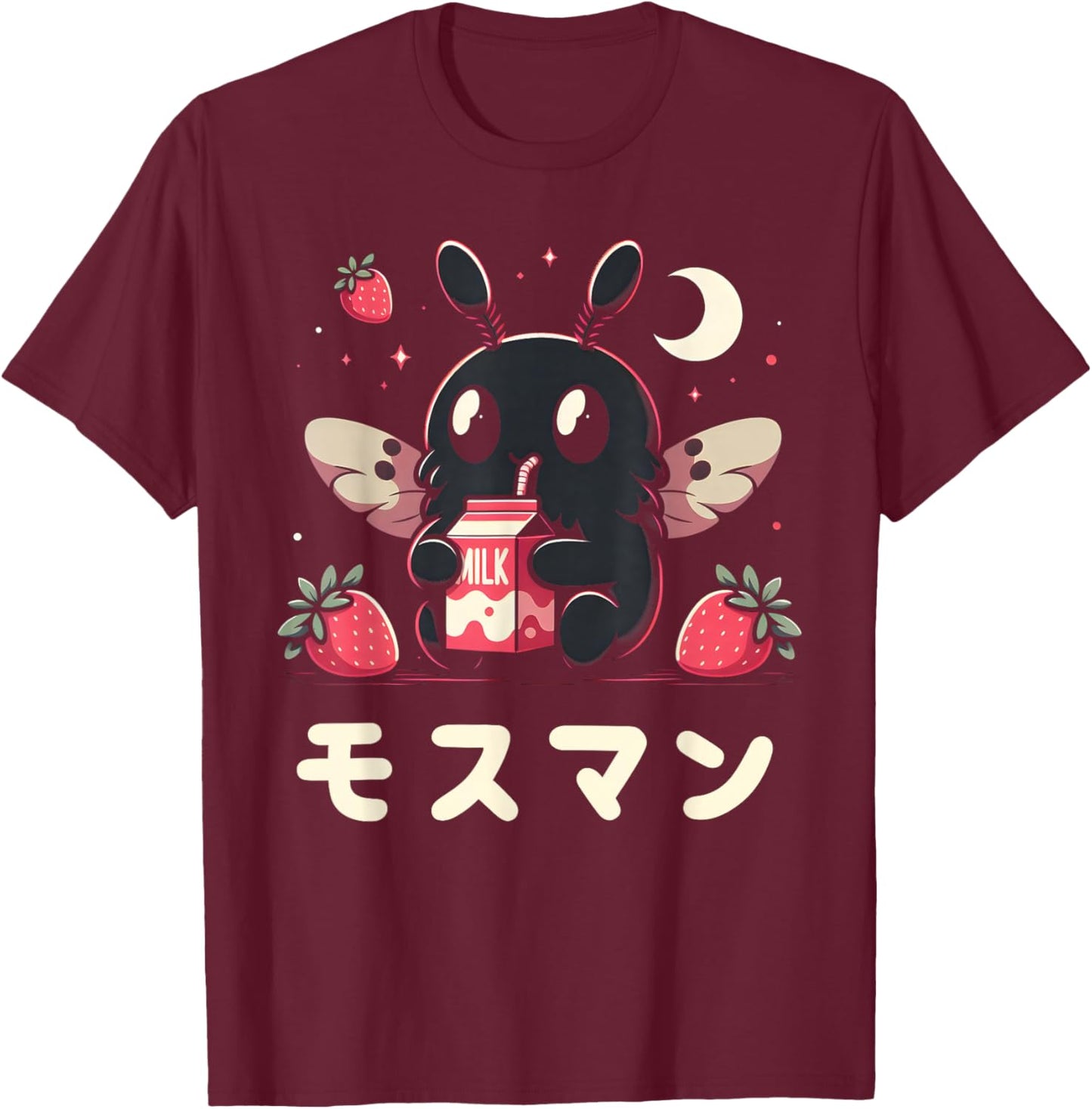 Kawaii Mothman Drinking Strawberry Milkshake T-Shirt - T-Shirt | Maroon