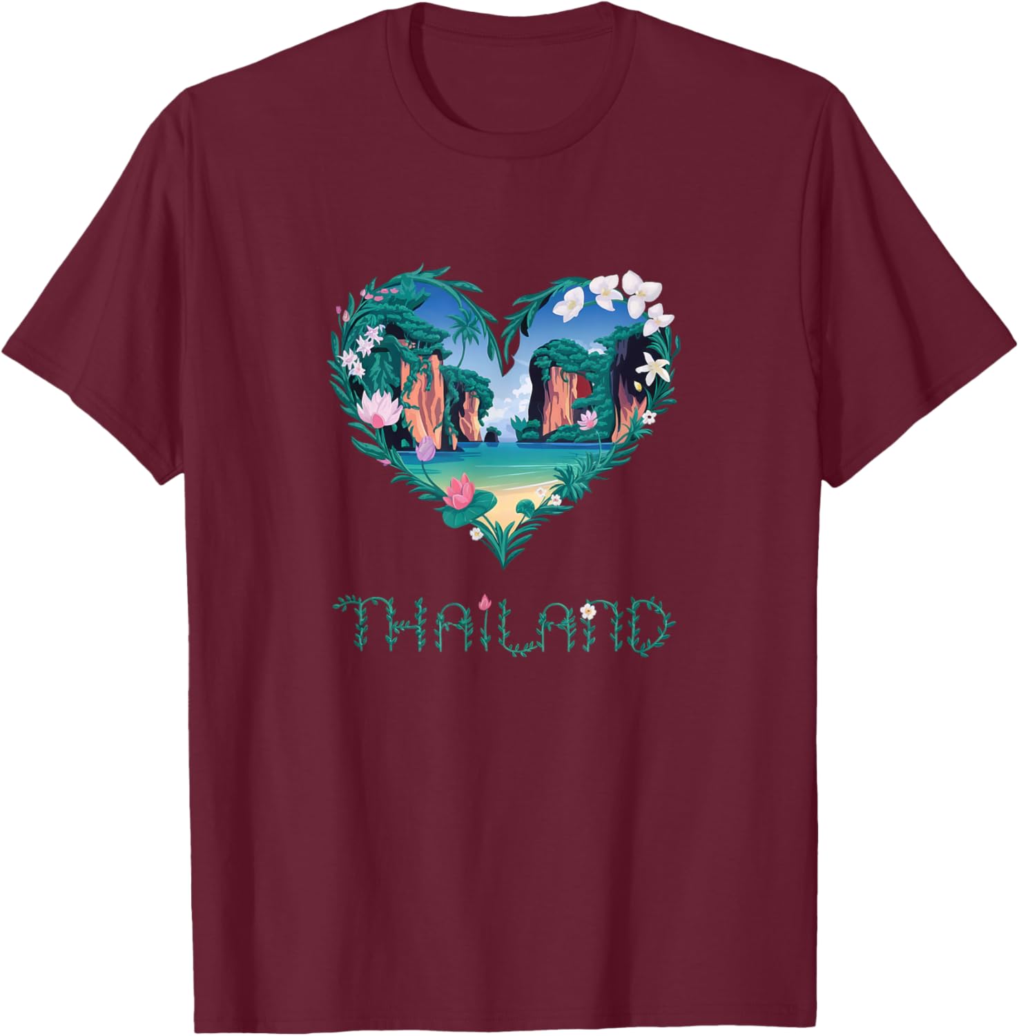 Thailand Floral Heart - Tropical Island Lovers' Souvenir T-Shirt - T-Shirt | Maroon