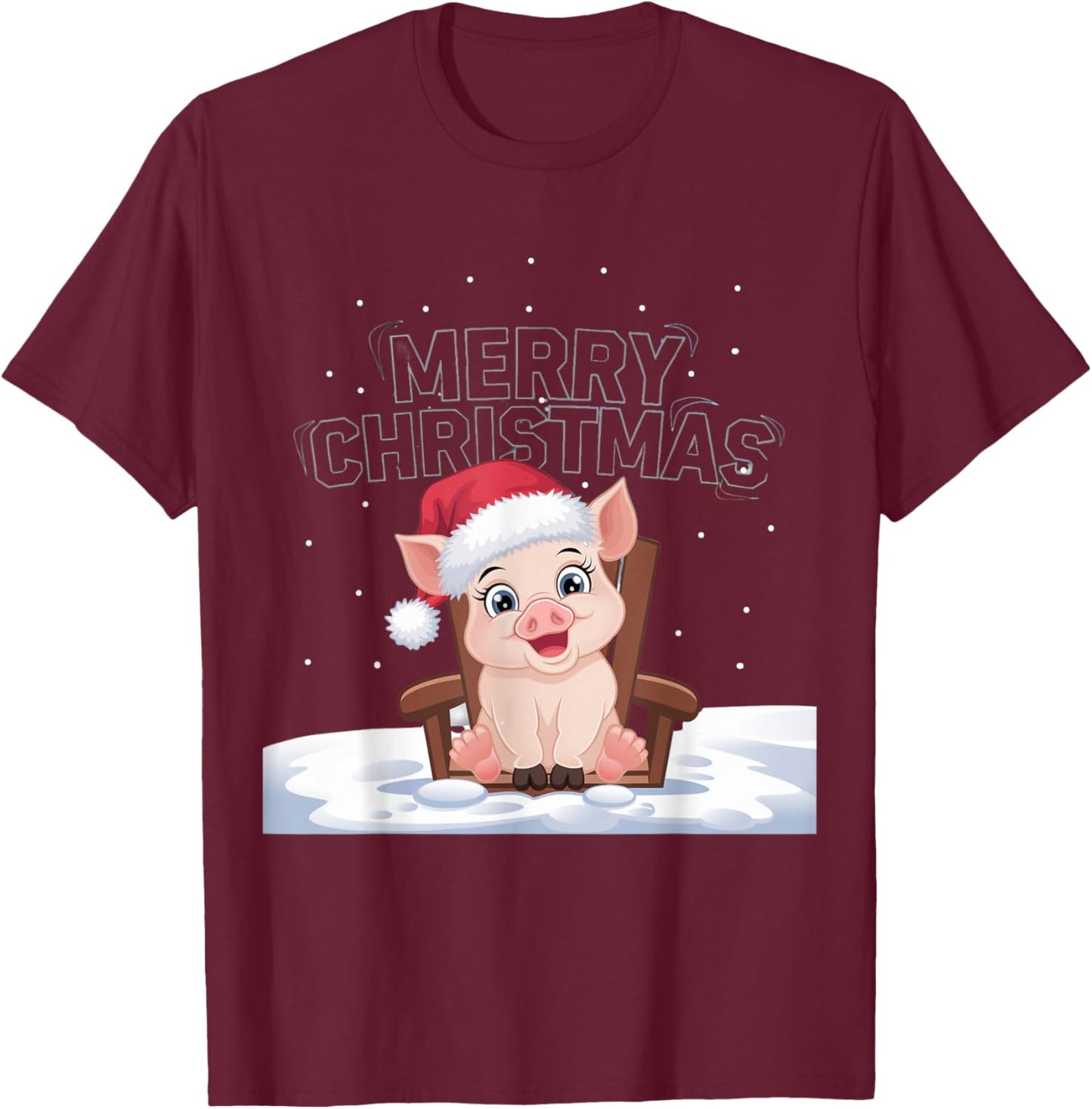 Cute Pig in Santa Hat Merry Christmas Winter Holiday Design T-Shirt - T-Shirt | Maroon