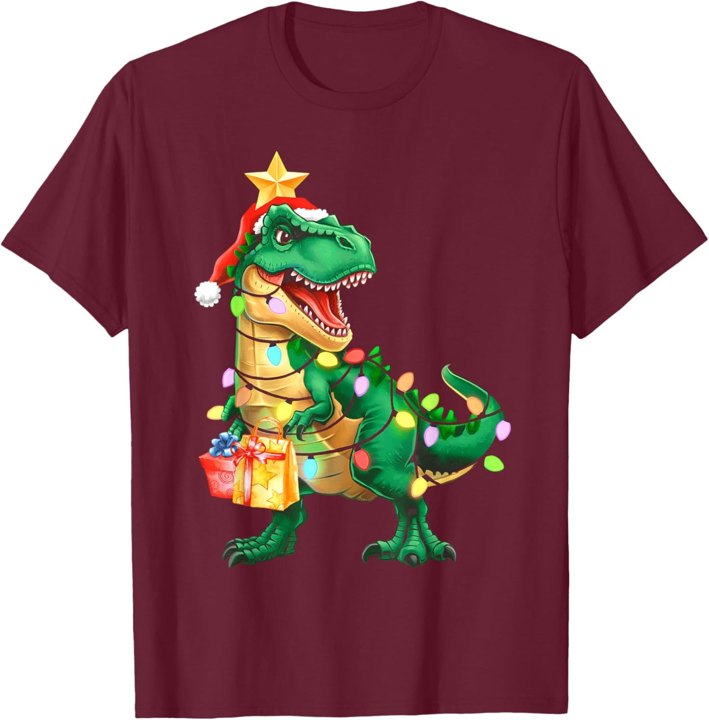 Christmas Shirts For Kids Xmas Tree Lights Dinosaur Boys T-Shirt - T-Shirt | Maroon