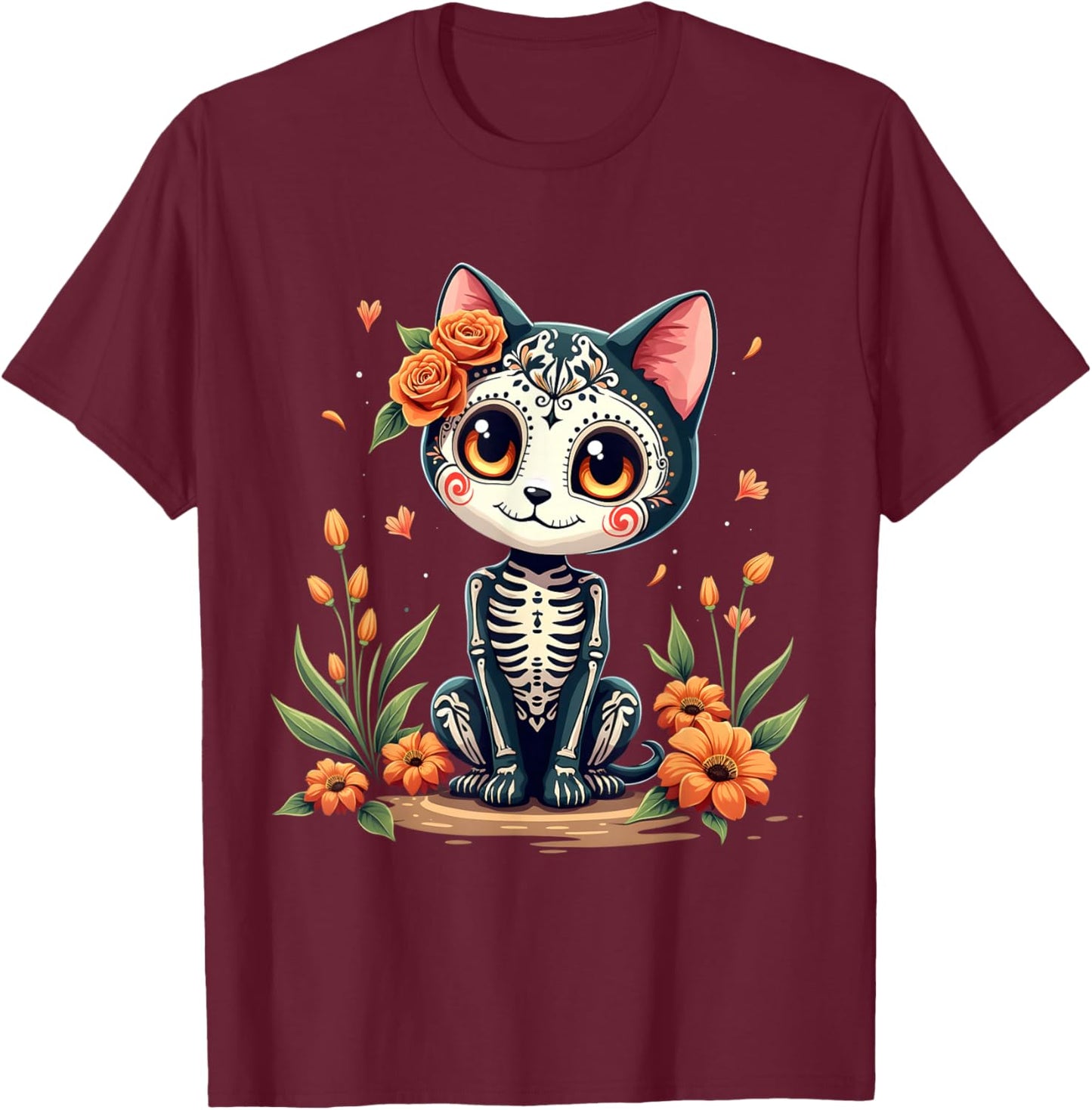 Colorful Sugar Skull Cat Mexican Halloween T-Shirt - T-Shirt | Maroon