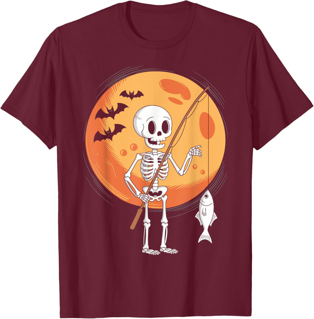 Funny Skeleton Fishing Lovers Moon Spooky Halloween Boys T-Shirt - T-Shirt | Maroon