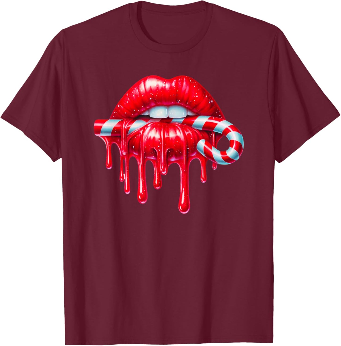 Sexy Lips Red Lipstick Kiss Dripping Candy Cane Christmas T-Shirt - T-Shirt | Maroon
