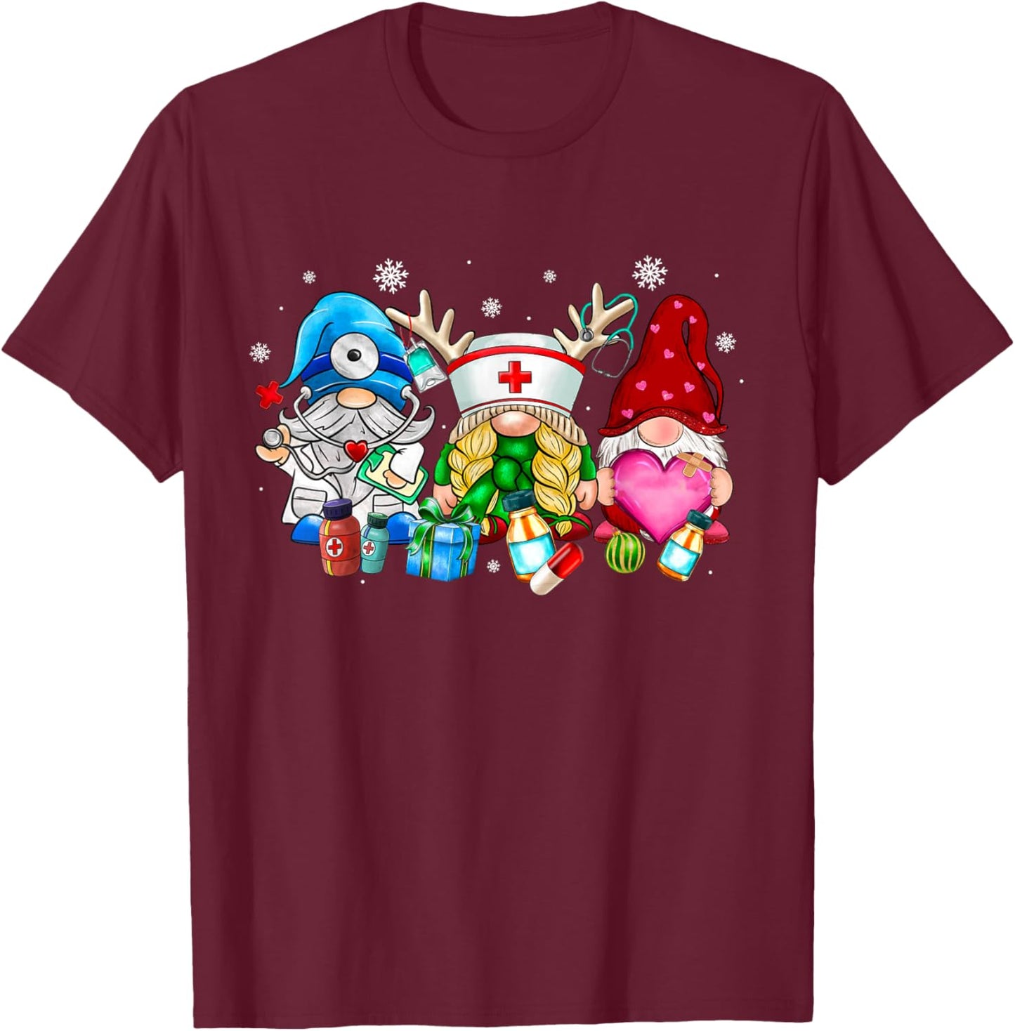 Cute Gnomes Nurse Christmas Scrub Top Nurses Women Pajamas T-Shirt - T-Shirt | Maroon