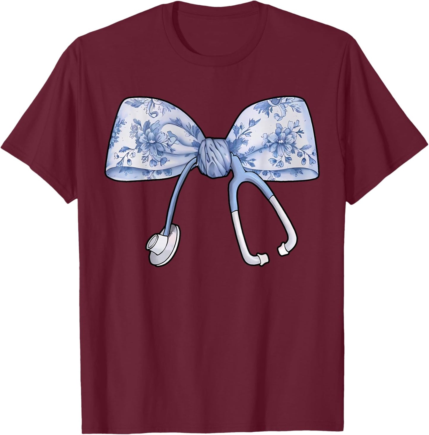 Floral Cute Blue Coquette Bow Stethoscope Registered Nurse T-Shirt - T-Shirt | Maroon