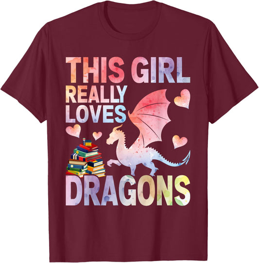 Cute Dragon Girl Loves Dragons Wings Fantasy Fire Dragon T-Shirt - T-Shirt | Maroon