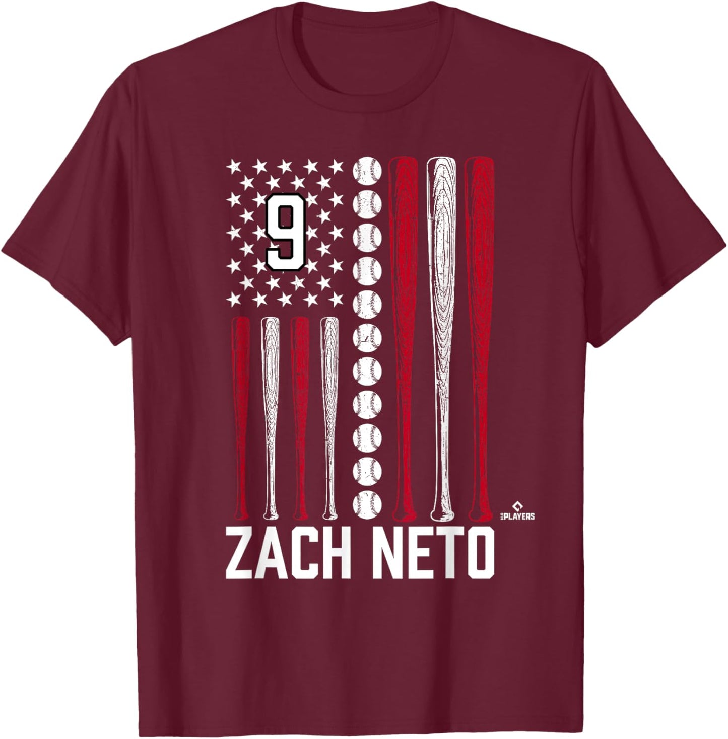 Baseball American Flag Zach Neto Los Angeles Baseball MLBPA T-Shirt - T-Shirt | Maroon