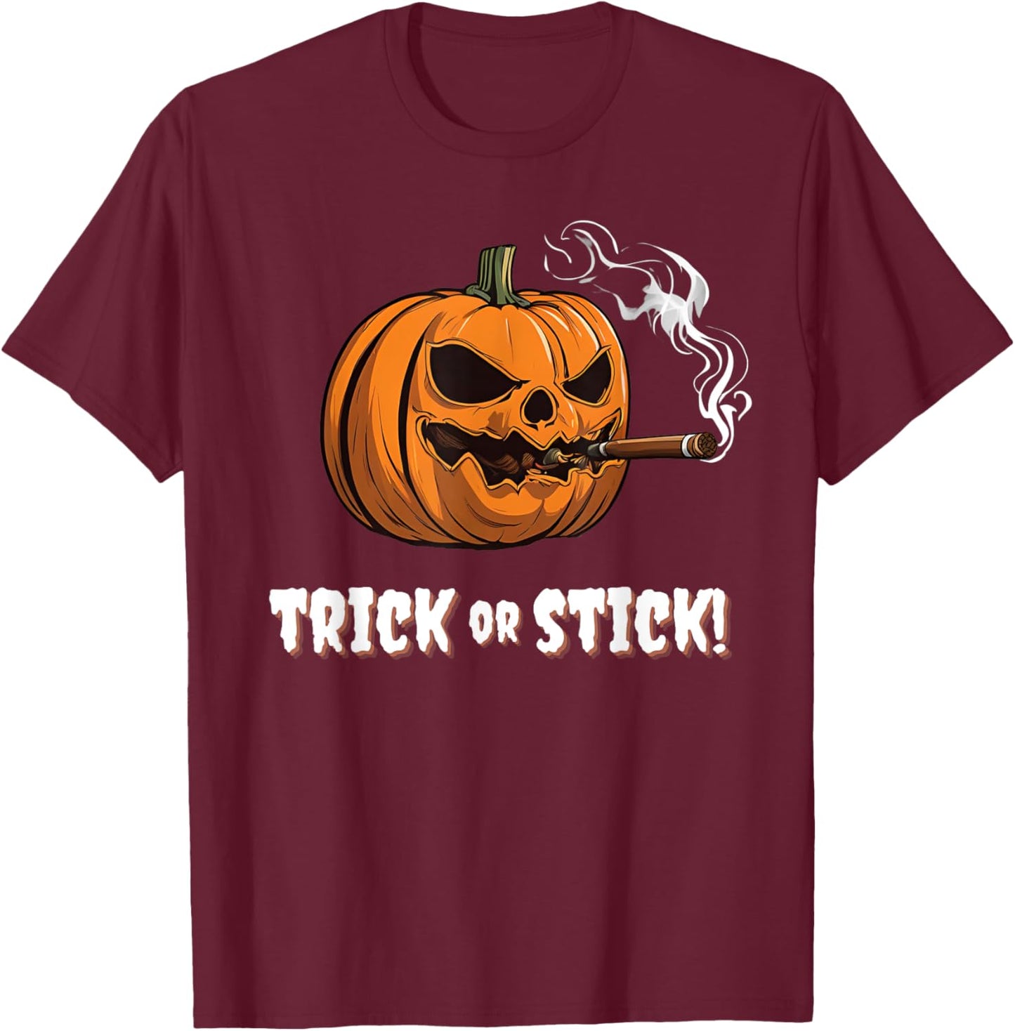 Cigar Smoking Pumpkin Halloween Trick Or Stick Lounge Gear T-Shirt - T-Shirt | Maroon