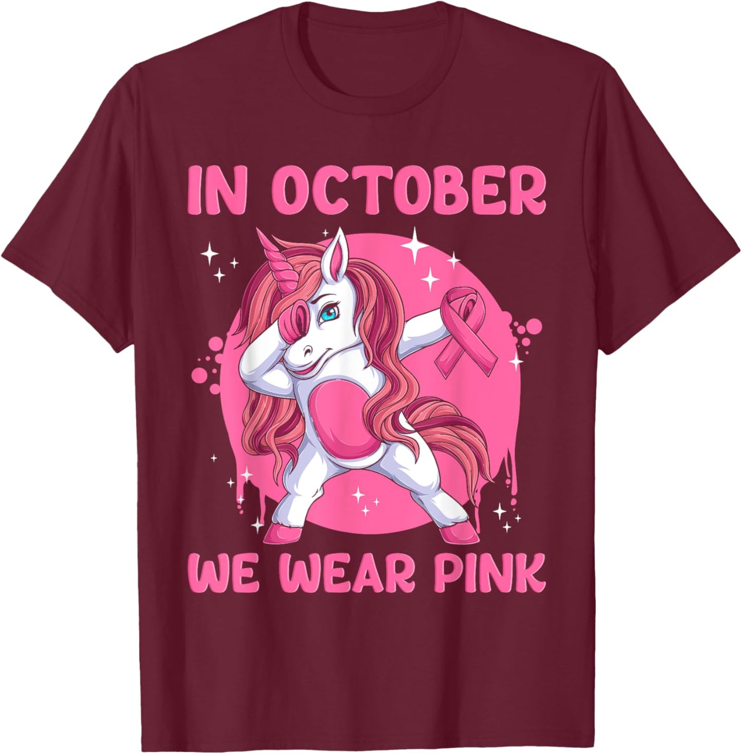 In October We Wear Pink Unicorn Breast Cancer Awareness T-Shirt - T-Shirt | Maroon