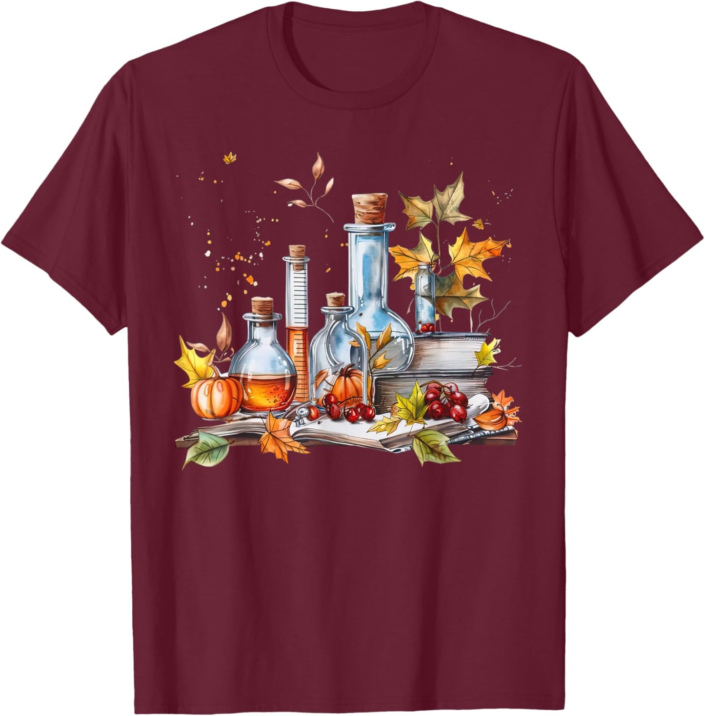 Laboratory Beakers Fall Leaves Chemist Medical Lab Autumn T-Shirt - T-Shirt | Maroon