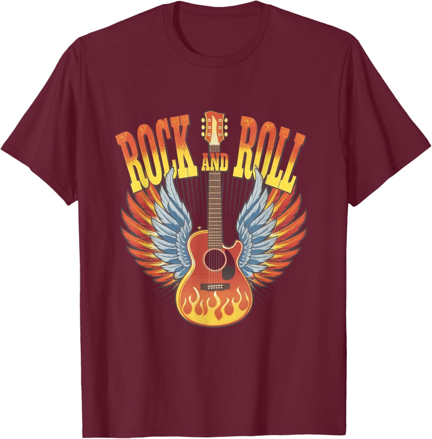 Retro 80s Rock and Roll Music Electric Vintage Guitar Wings T-Shirt - T-Shirt | Maroon