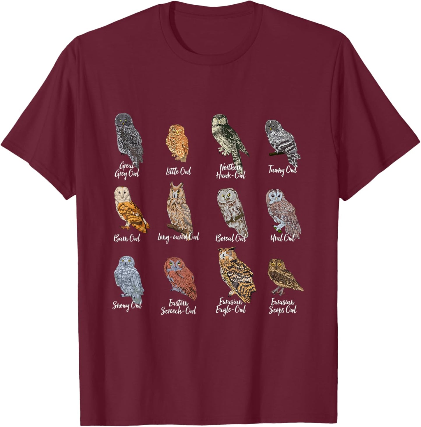Owl Motifs for Owl Lovers - Owls - Black - Small - Short Sleeve - Polyester - Modern - Owl Pattern - All Seasons - Imported - Machine Wash T-Shirt - T-Shirt | Maroon