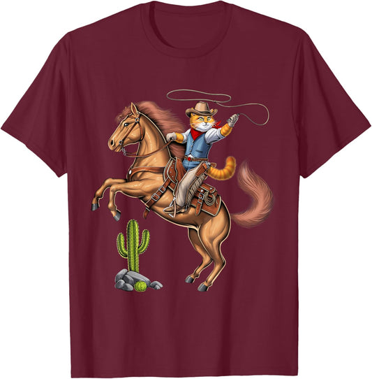 Cat Cowboy Riding Rodeo Horse Western Country Funny Cat T-Shirt - T-Shirt | Maroon