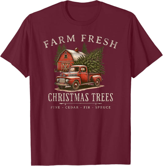 Willow Grove Designs -Adults, -Kids Christmas Holiday - Black, Small - Rustic Farmhouse Vintage Truck - Short Sleeve - - Solid - Pull On - 1 Count T-Shirt - T-Shirt | Maroon