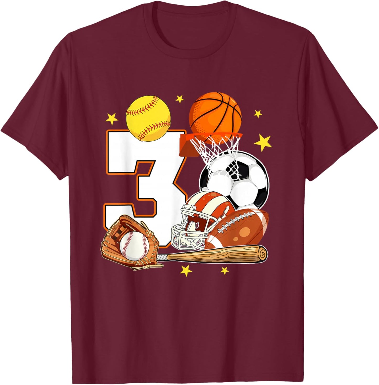 3rd Birthday Sports Birthday Theme 3 Year Old Birthday T-Shirt - T-Shirt | Maroon