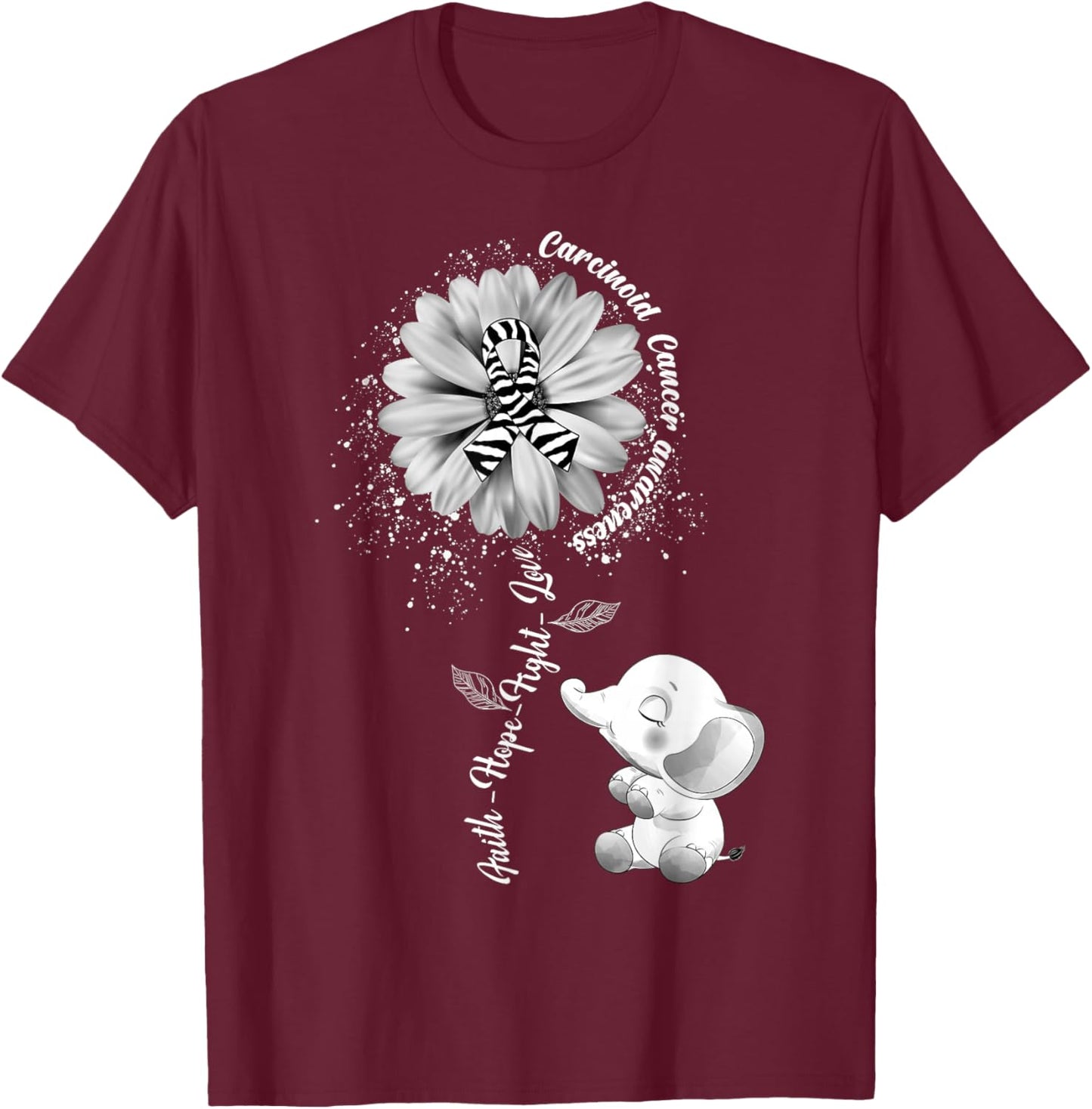 Faith Hope Fight Love Elephant Carcinoid Cancer Awareness T-Shirt - T-Shirt | Maroon