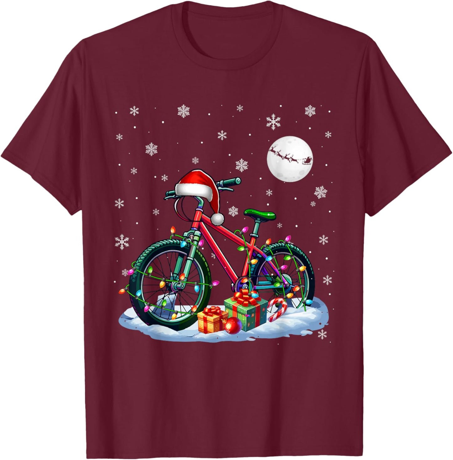 Santa Bicycle Colorful Lights Christmas Cyclist Biking Lover T-Shirt - T-Shirt | Maroon