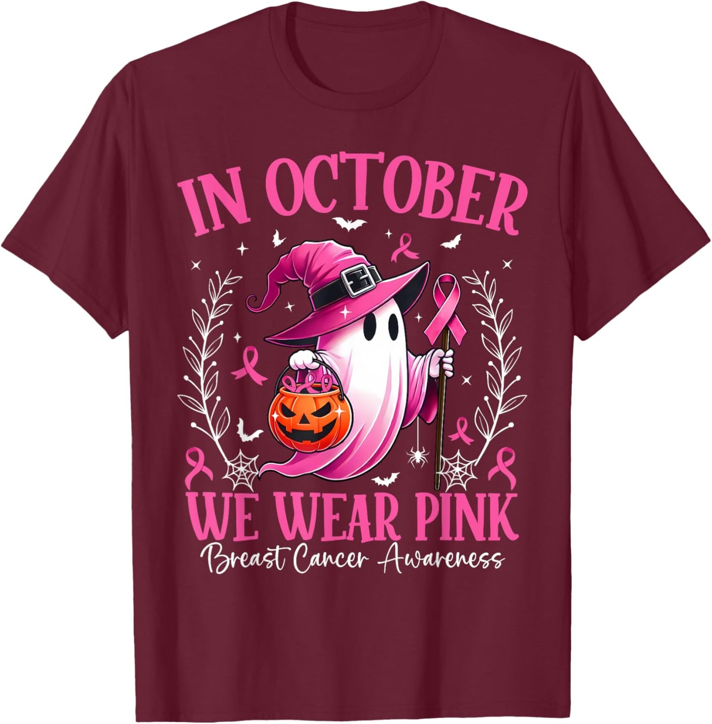 In October We Wear Pink Breast Cancer Awareness Halloween T-Shirt - T-Shirt | Maroon