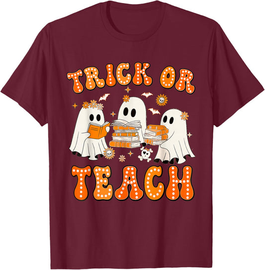Teacher Halloween Trick or Teach Retro Groovy Floral Ghost T-Shirt - T-Shirt | Maroon