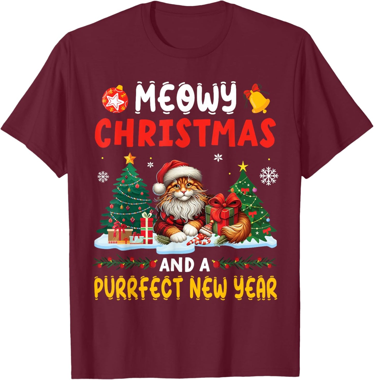 MAINE COON On Snow Meowy Christmas And A Purrfect New Year T-Shirt - T-Shirt | Maroon
