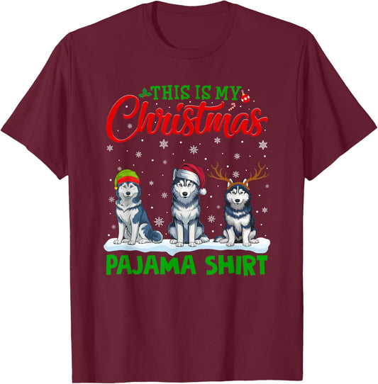 Xmas Santa Hat Reindeer Siberian Husky Dog Christmas Pajama T-Shirt - T-Shirt | Maroon