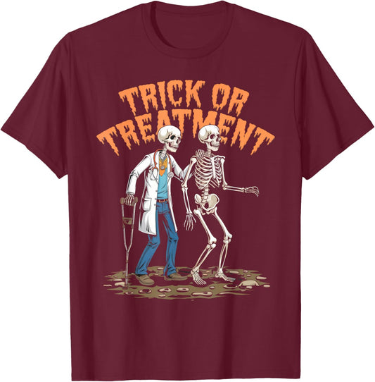 Physical Therapy Halloween Trick or Treatment Skeleton PT T-Shirt - T-Shirt | Maroon