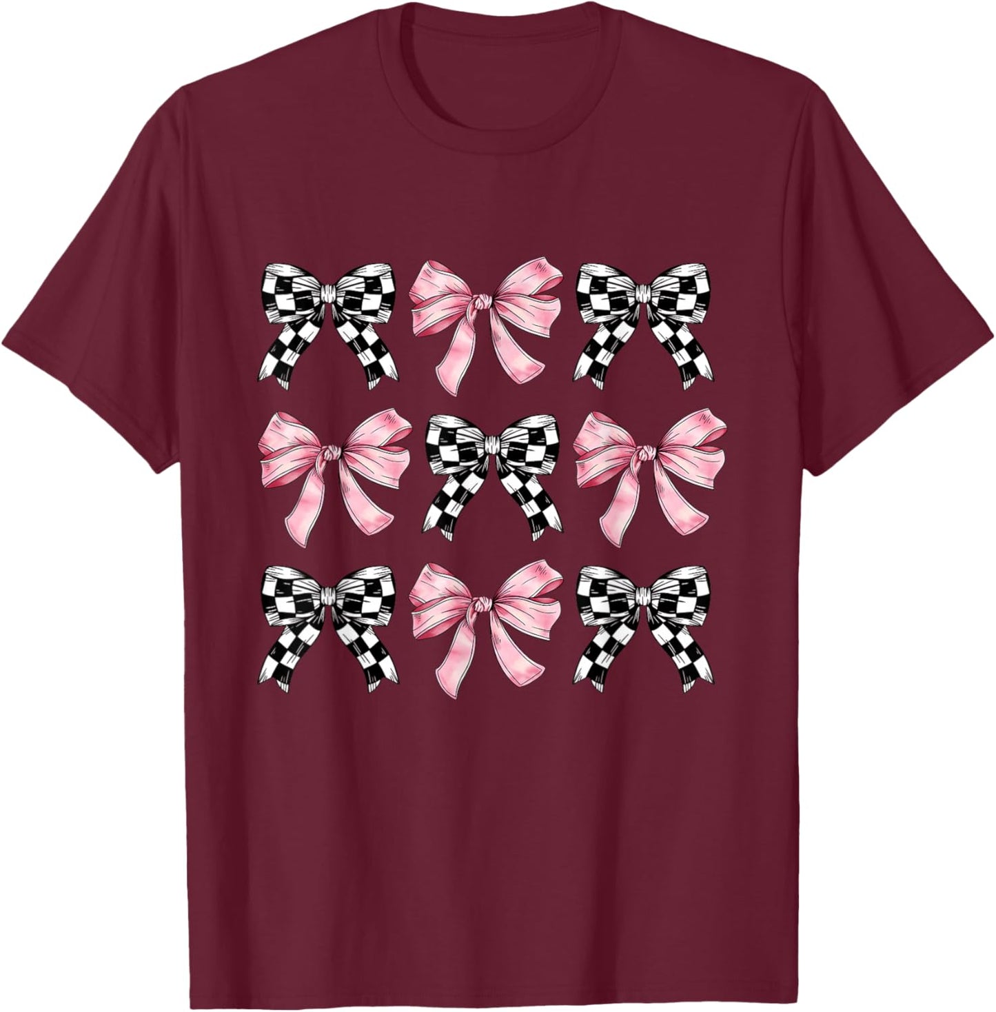 Pink Bows Cute Coquette Checkered Bow y2k Girl Aesthetic T-Shirt - T-Shirt | Maroon