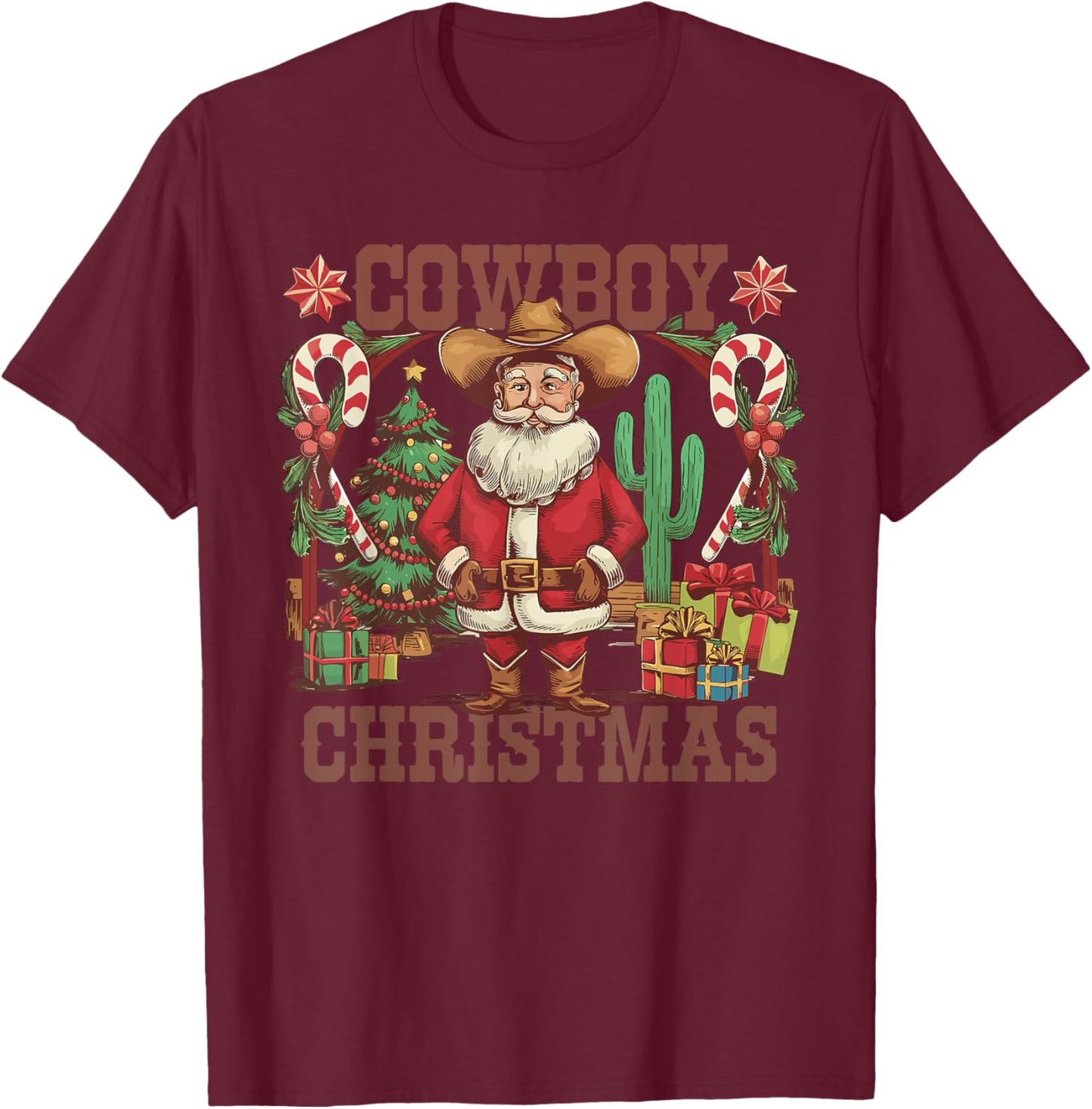 Retro Santa Claus Cowboy Christmas Howdy Rodeo Western T-Shirt - T-Shirt | Maroon