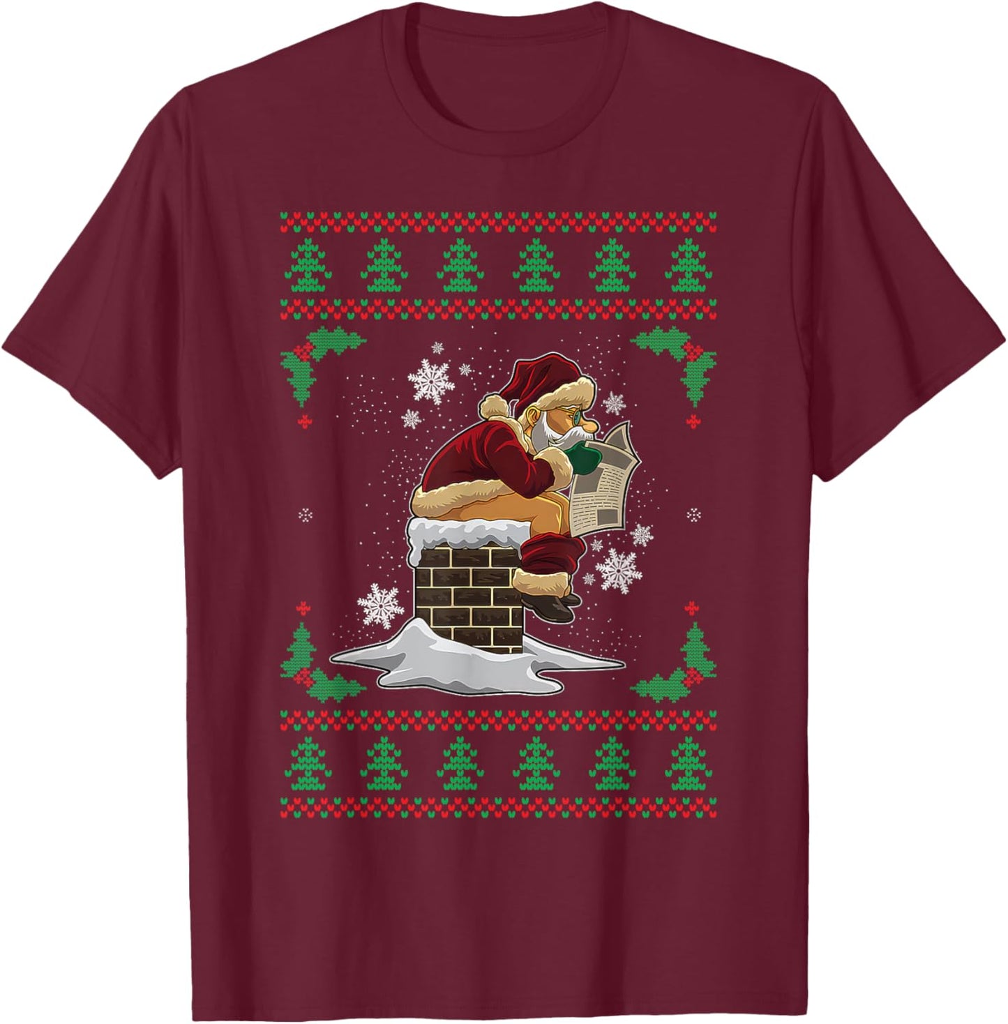 Funny Santa Pooping Down the Chimney Ugly Christmas Sweater T-Shirt - T-Shirt | Maroon