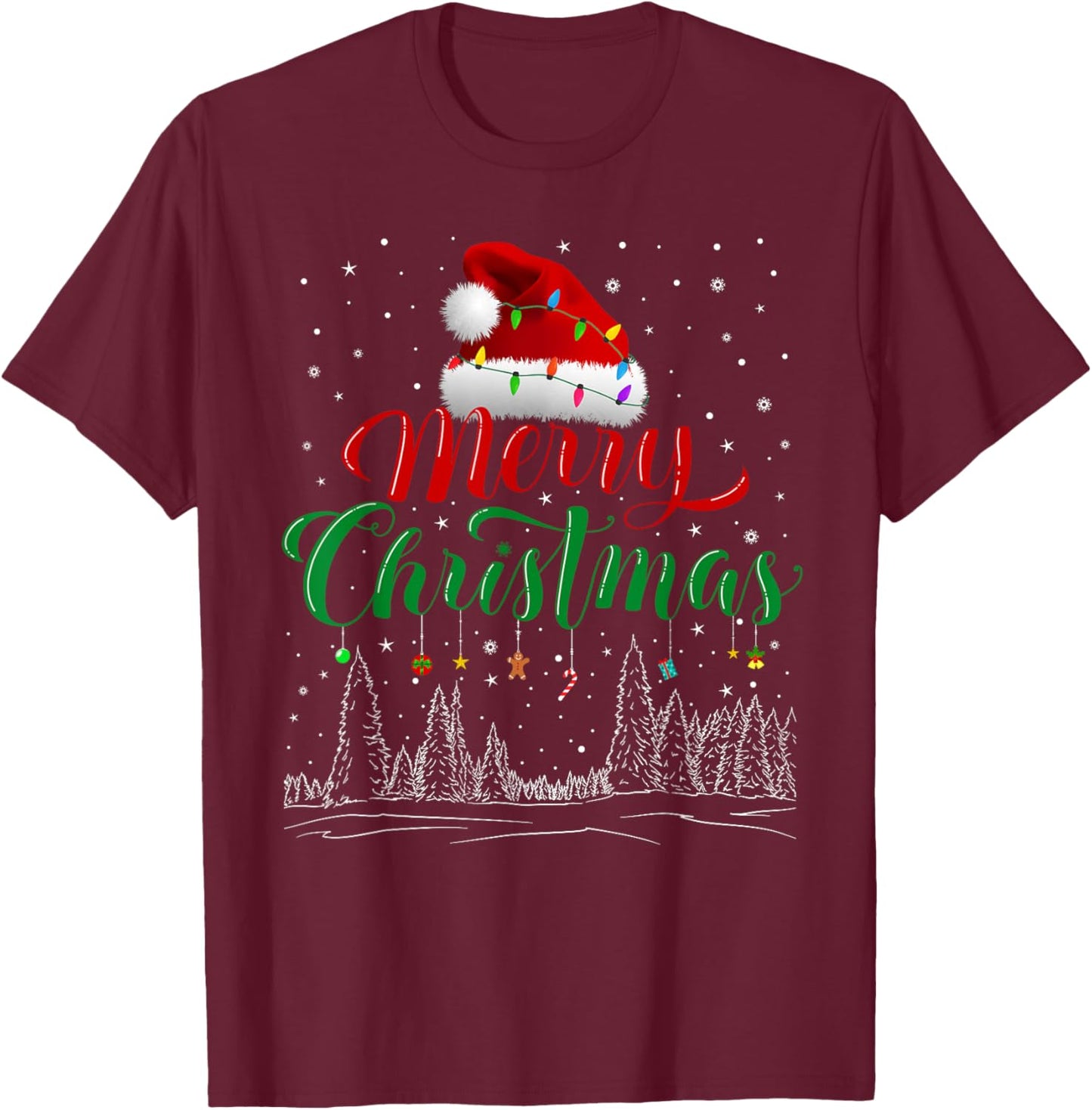 Merry Christmas Lights Red Santa Hat Xmas Family Men Women T-Shirt - T-Shirt | Maroon