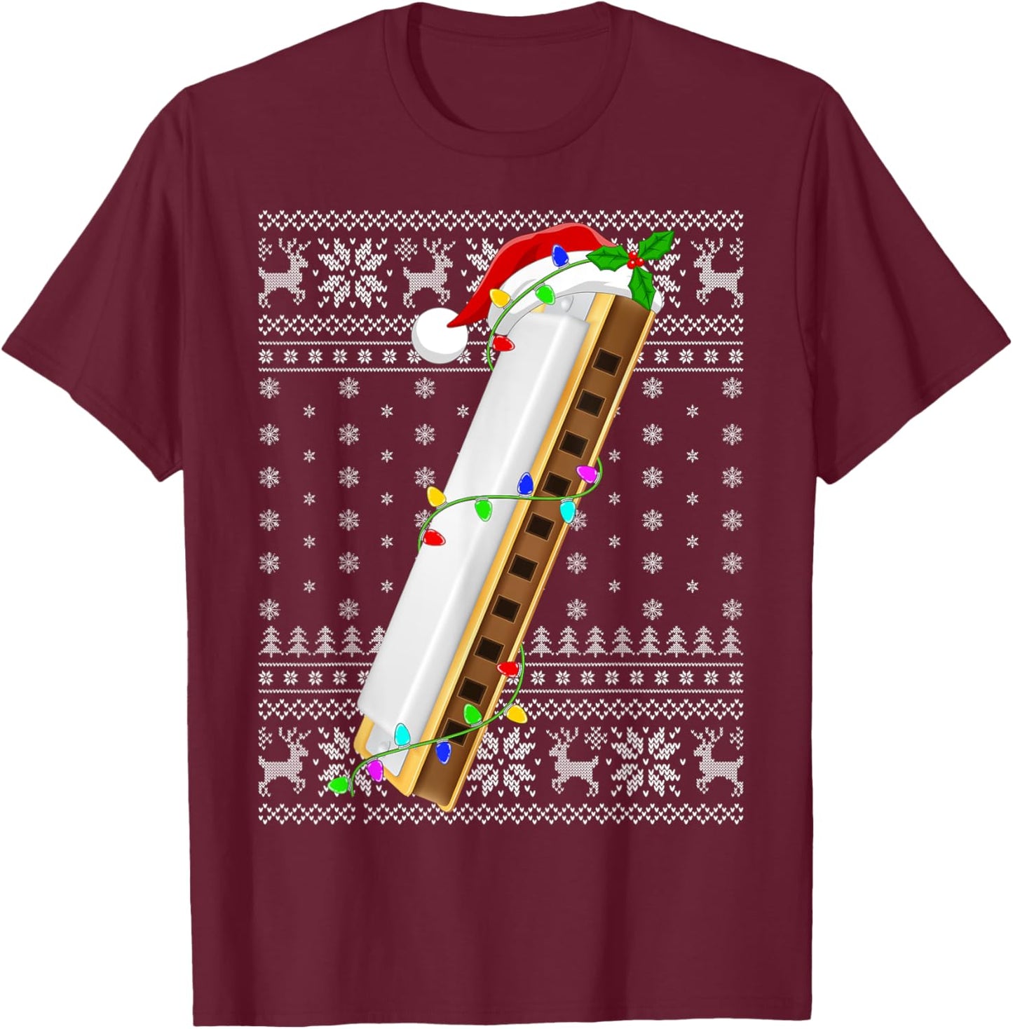 Ugly Sweater Xmas Lights Santa Musical Harmonica Christmas T-Shirt - T-Shirt | Maroon