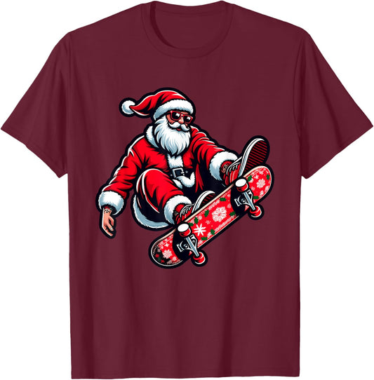 Santa Riding Skateboard Xmas Pajama Christmas Toddler Kids T-Shirt - T-Shirt | Maroon