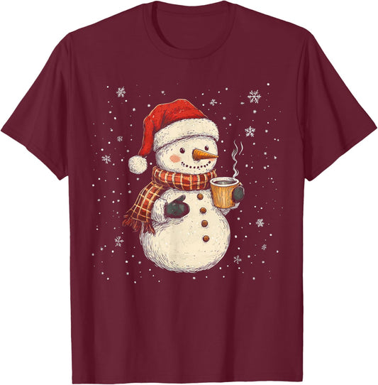 Cute Snowman Drink Coffee Winter Snowflake Snowman Christmas T-Shirt - T-Shirt | Maroon