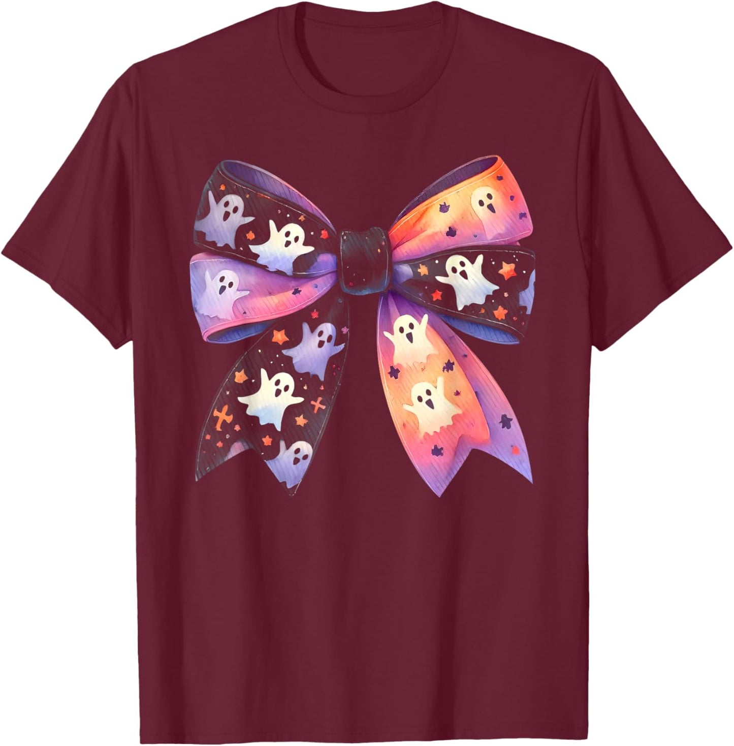 Cute Ghost Bow Coquette Halloween Spooky Season Girls T-Shirt - T-Shirt | Maroon