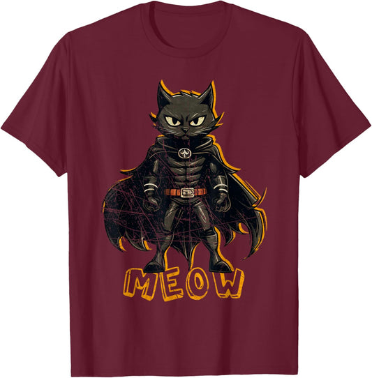 Superhero Cat, Meow, Funny Black Cat, Cat With Cape Women Girls Kids T-Shirt - T-Shirt | Maroon