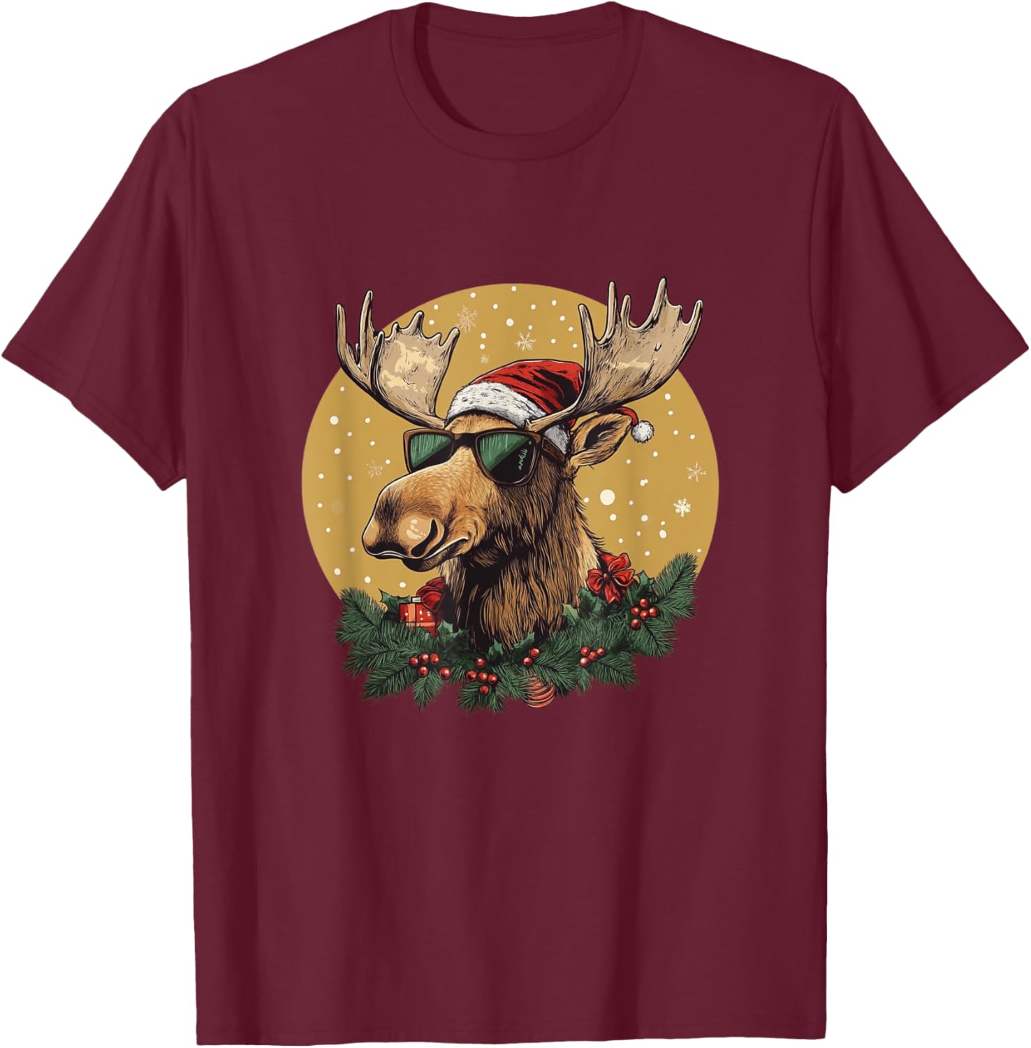 Sunglasses Christmas Moose Bringing the Holiday Vibes T-Shirt - T-Shirt | Maroon