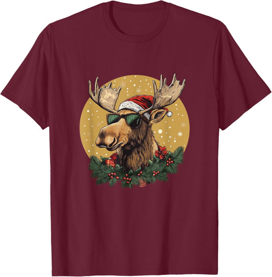 Sunglasses Christmas Moose Bringing the Holiday Vibes T-Shirt - T-Shirt | Maroon