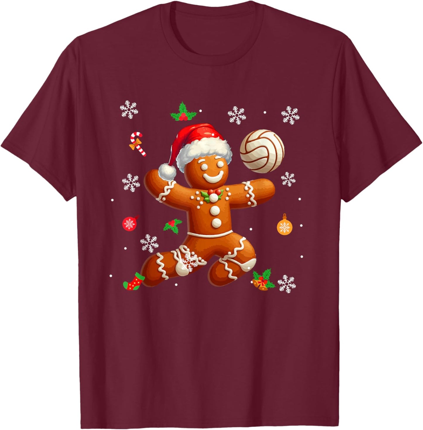 Gingerbread Playing Volleyball Christmas Player Kids Family T-Shirt - T-Shirt | Maroon