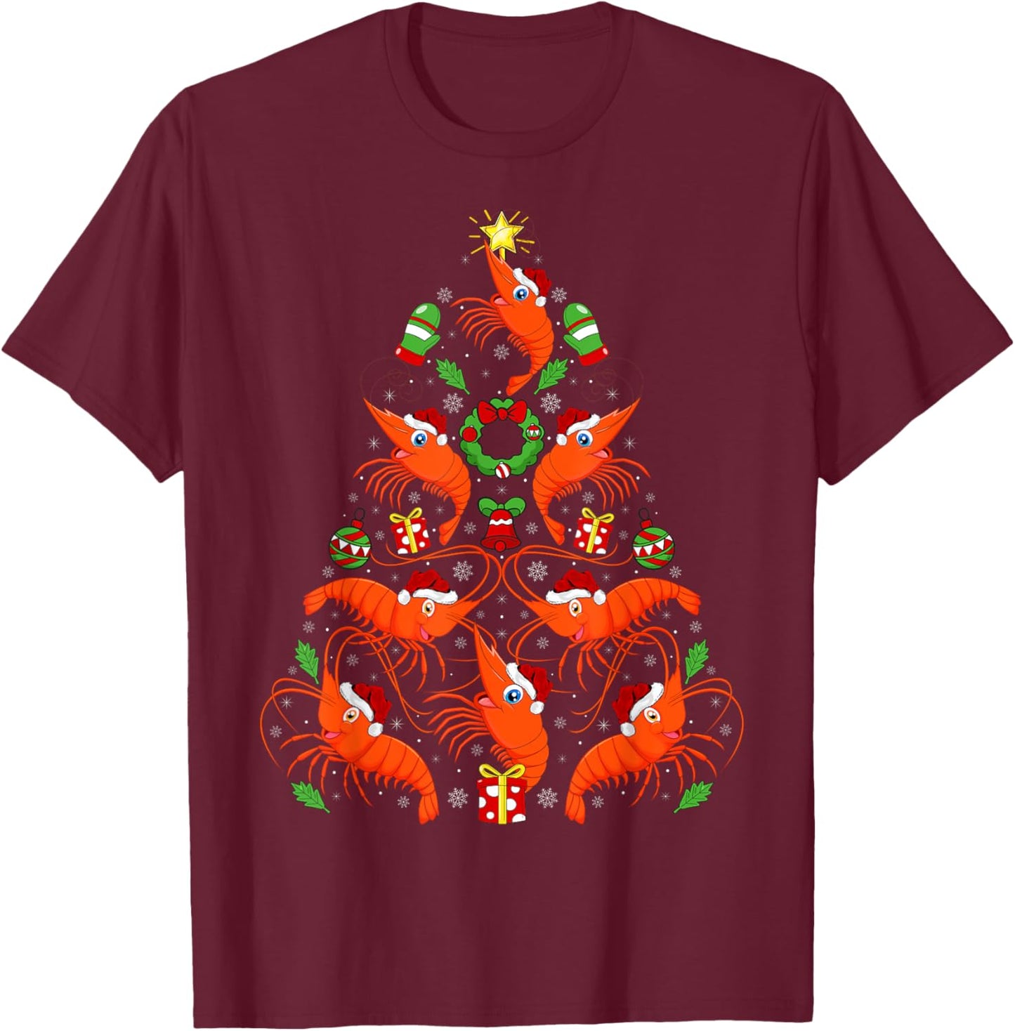 Shrimp Xmas Decoration Santa Hat Shrimp Christmas Tree T-Shirt - T-Shirt | Maroon
