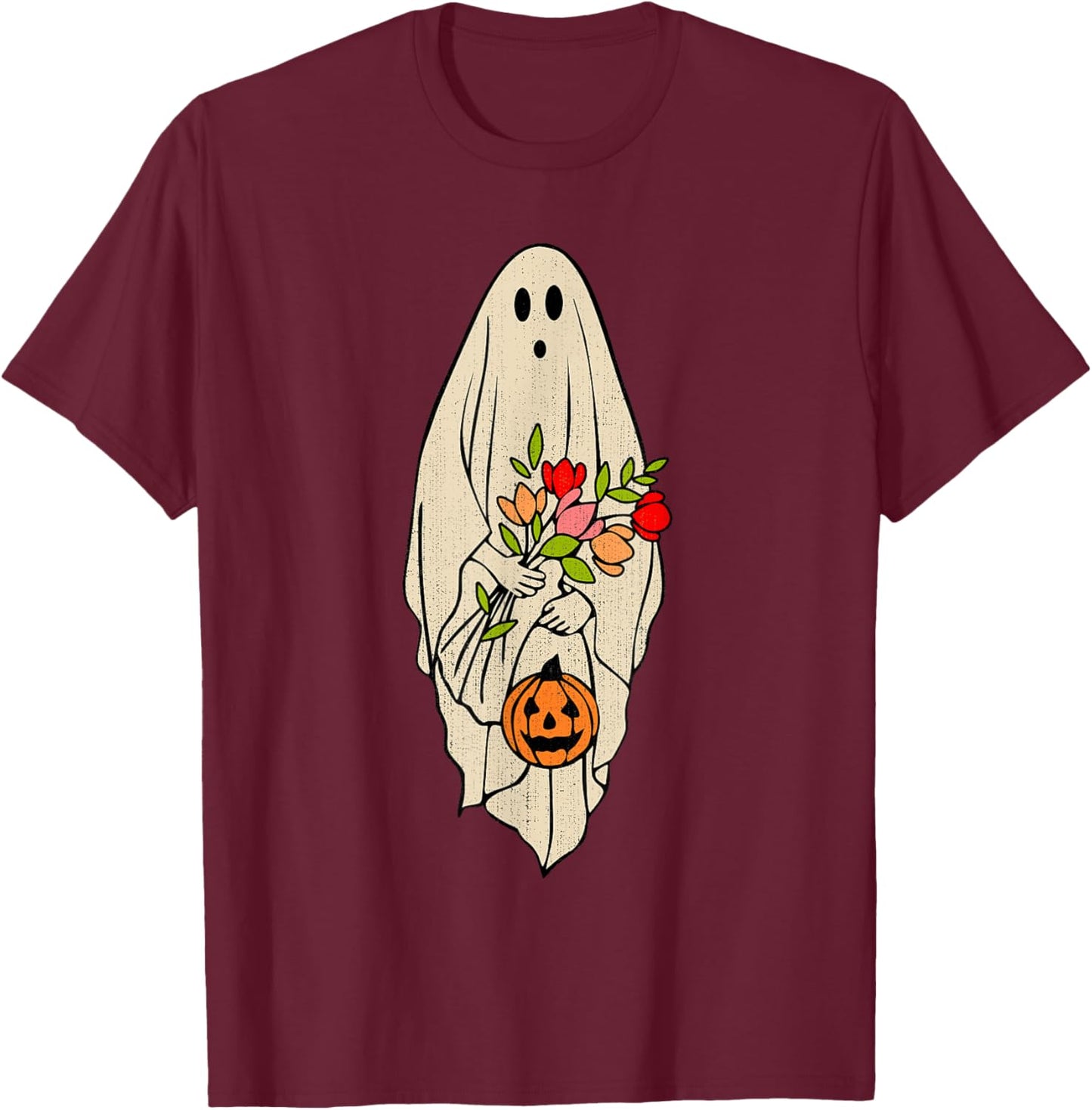Retro Vintage Ghost Floral Pumpkin Halloween Girls T-Shirt - T-Shirt | Maroon