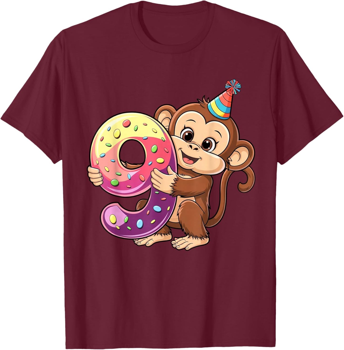 Monkey Birthday Age 9 Girl T-Shirt - T-Shirt | Maroon